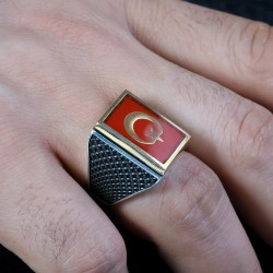 Ay Yıldız Model Gümüş Erkek Yüzük -Z3599 - Thumbnail